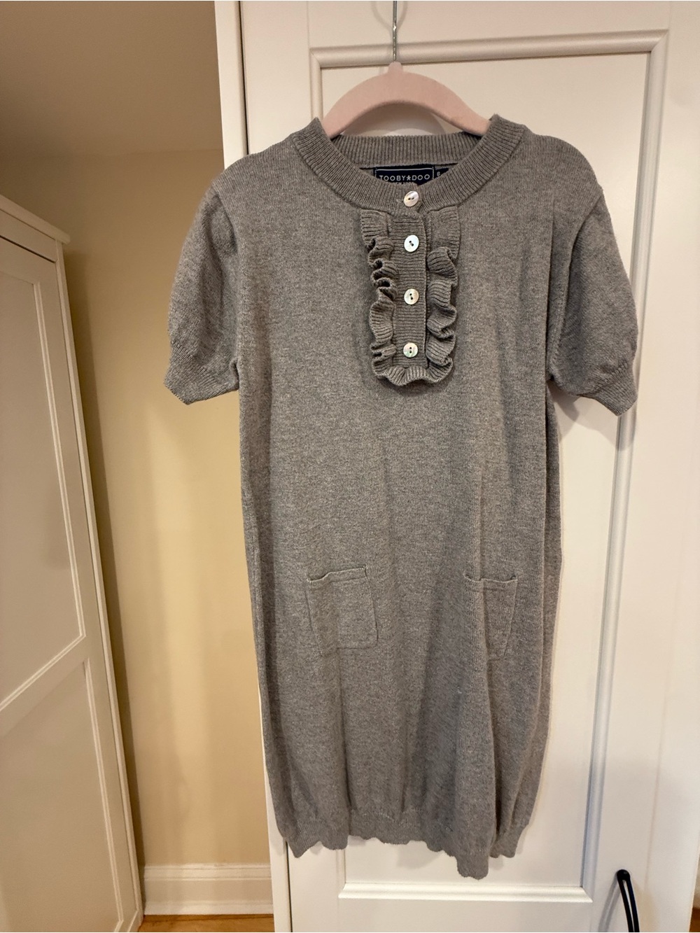 Toobydoo Gray Knit Ruffle-Button Casual Dress